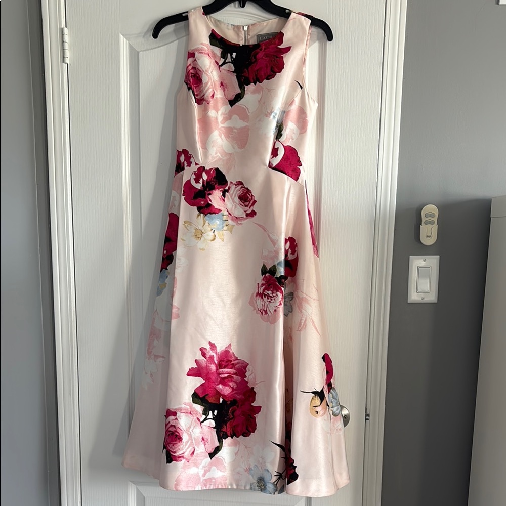 Elegant Floral Satin Midi Dress - Pink and Red